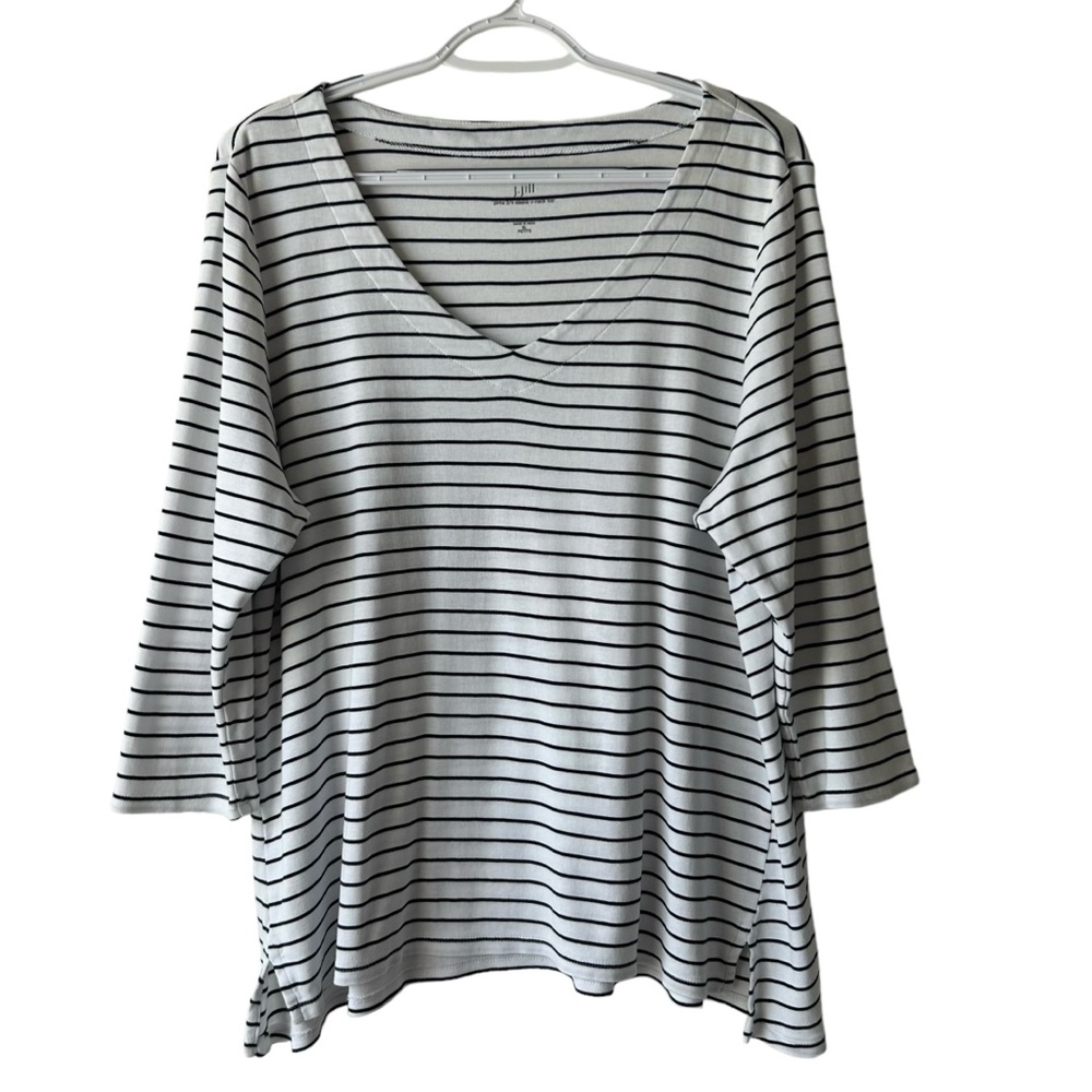 J.Jill Pima Cotton 3/4 Sleeve V- Neck Black White Size XL Petite Soft Light